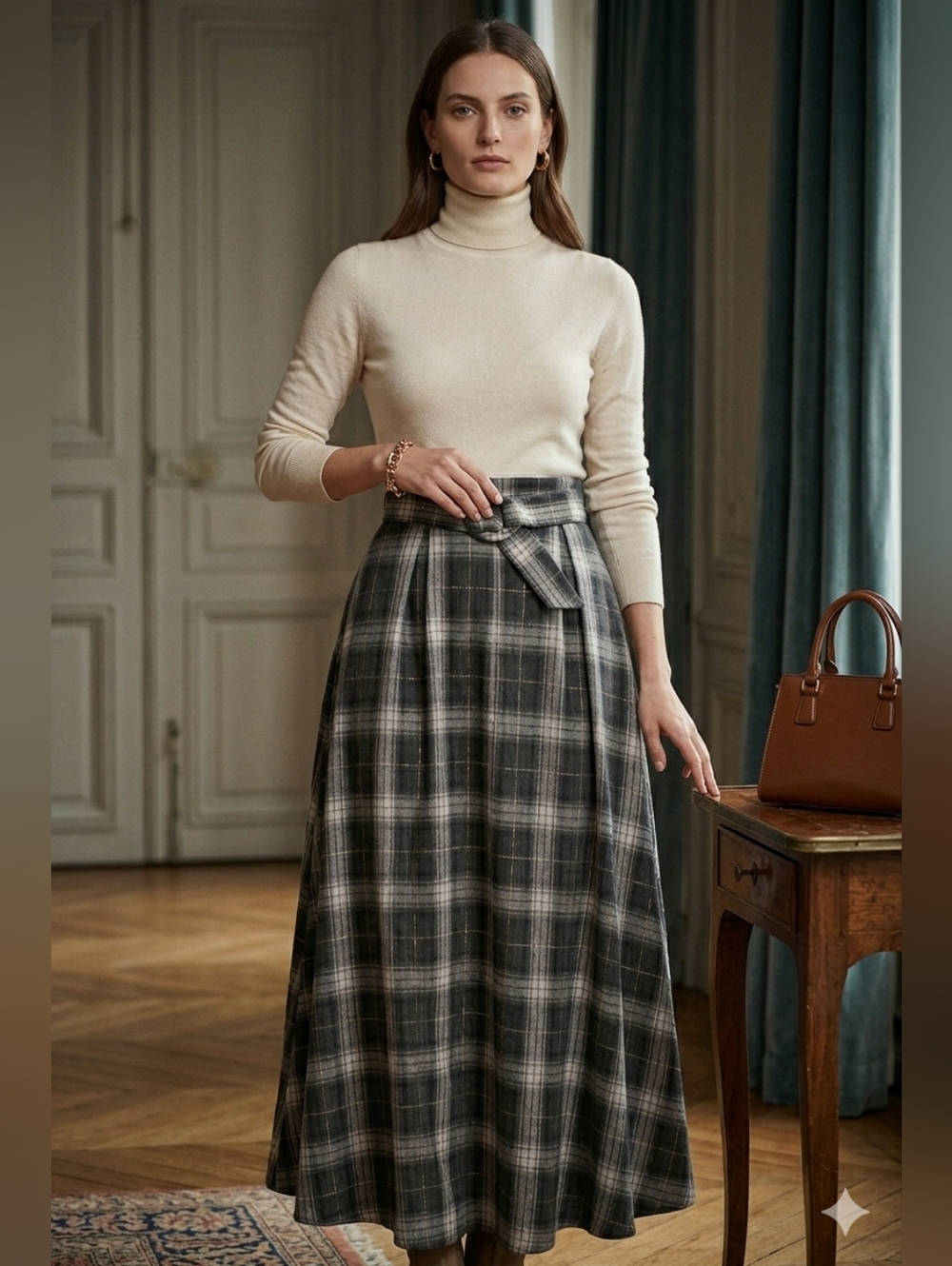 Nikki Lund Plaid Belted A Line Skirt - Black and White